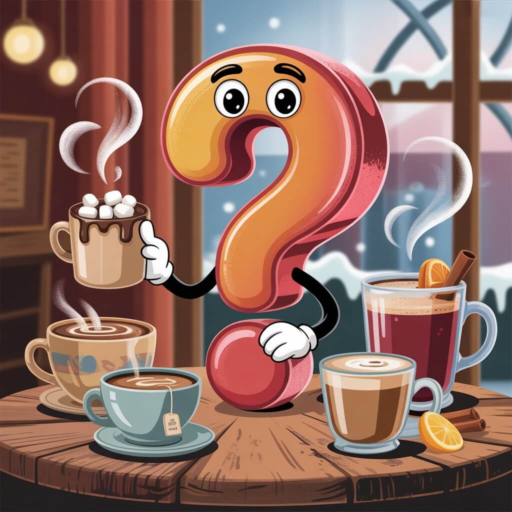 Brew Masters Hot Drink Riddles illustration featuring cozy beverages on Riddlepedia.